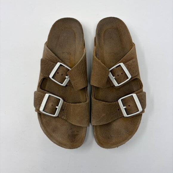 Birkenstock Shoes - Birkenstock Slide Arizona Womens 37 / US 7 White Buckles Brown/Tan Suede